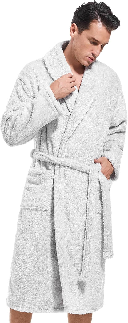 Inner Wish Mens Plush Fleece Robe, Cozy Warm Bathrobe Fuzzy Male Spa Long Robe With Pockets (DARK GREY)