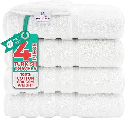 American Soft Linen Luxury 4 Piece Bath Towel Set, 600 GSM 100% Cotton Turkish Bath Towels for Bathroom, 27x54 in Extra Large Bathroom Shower Towels, White
