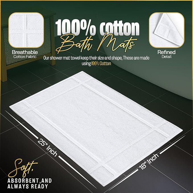 Pearl Linens Pack of 2 100% Cotton Bath Mat 18x25 inches, Soft & Absorbent Quick Dry Bathroom Mat Set, Not Bathroom Rugs, After Shower Mat, Bath Tub Mat, 781 GSM, Machine Washable, White