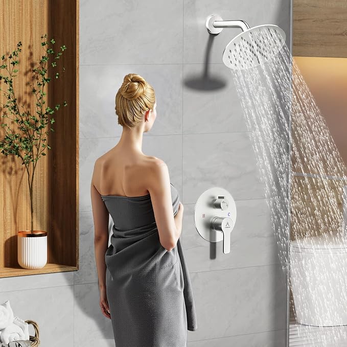 Shower Faucet Set 8IN Brass Rough-In Valve Body Trim Kit Rainfall Included Handle Accessories Complete 2 Functions with Rain Head and Handheld Bathroom Systems (8'', Brushed Nickel)