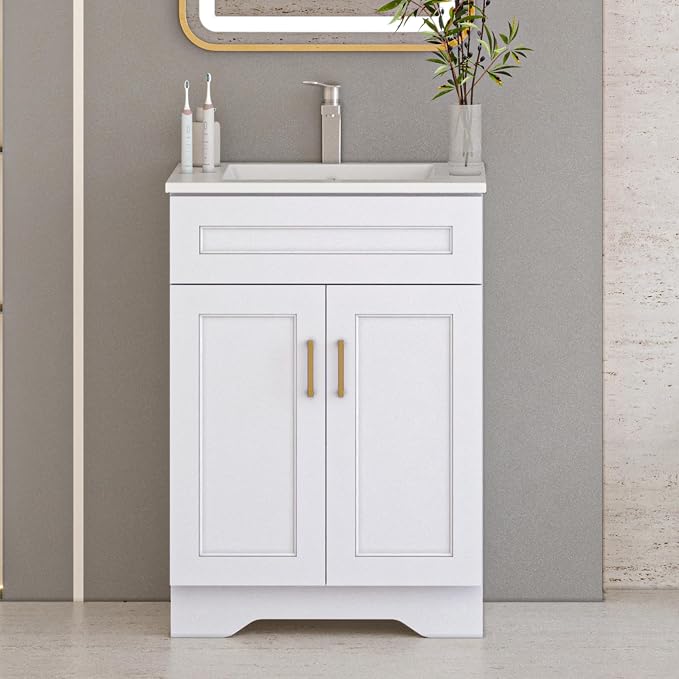 24 Inch Bathroom Vanity, Wooden Double Door Bathroom Storage Cabinet, Freestanding Cabinet Vanity Without Sink (White Without Sink, 24")