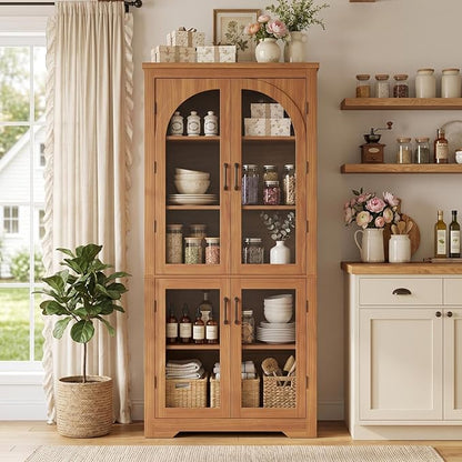Garvee 70" Tall Kitchen Pantry Cabinet - Modern Display Cabinet with 4 Arched Glass Doors and Adjustable Shelves, Versatile Cupboard Organizers for Kitchen, Dining Room, Living Room, Bathroom, Walnut