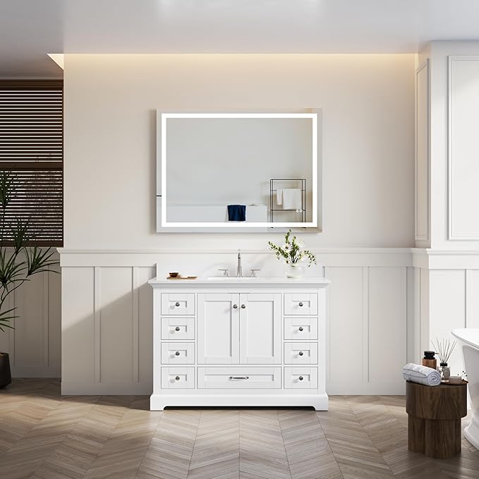 WELLFOR 48" Bathroom Vanity with Sink, Bathroom Freestanding Vanity W/ 2 Soft-Close Doors and 9 Soft-Close Drawers, Bathroom Cabinet Vanity with Engineered Stone Countertop, White