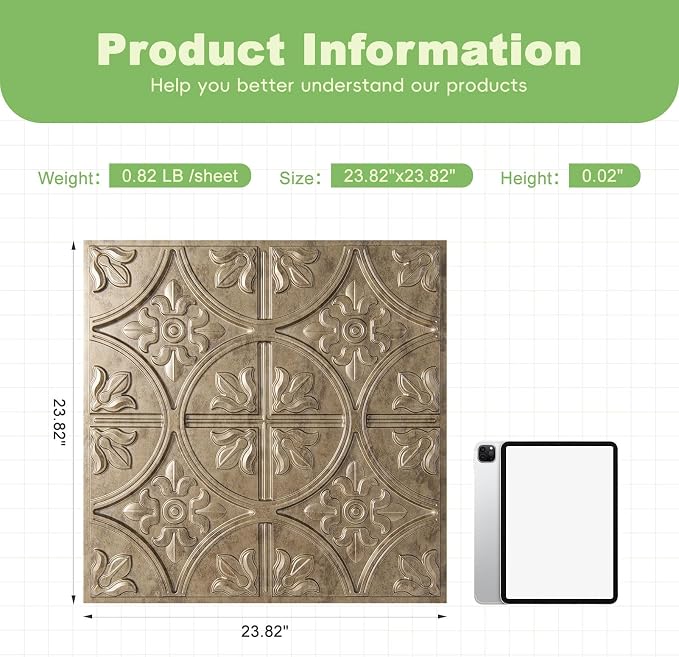 Art3d Fancy Classic Style Drop Ceiling Tiles, 2 x 2 ft, Antique Gold | PVC, Lightweight, Waterproof, Easy to Wipe Clean, Compatible with Grid System, Suitable for Kitchen, Bathroom, Basement
