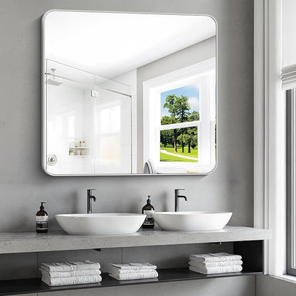 36x40 Inch Silver Bathroom Mirror, Metal Framed Silver Rectangle Mirrors, Rounded Rectangular Vanity Mirror, Wall Mounted Mirrors for Living Room Bedroom Entryway Hangs Horizontal or Vertical