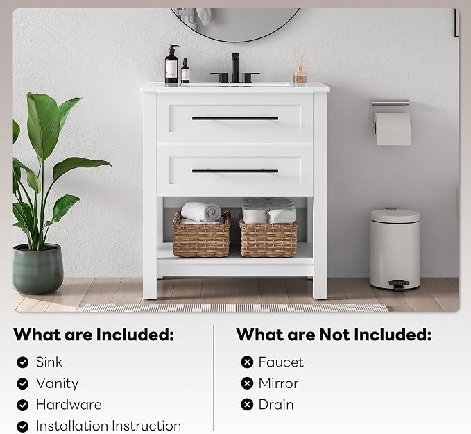 LIKIMIO 30" Bathroom Vanity with Sink, 2 Drawers & Open Shelf, White | Freestanding Bathroom Vanity, Integrated Ceramic Sink, U-Shaped Drawers, Modern Bathroom Storage Cabinet, Easy Assembly