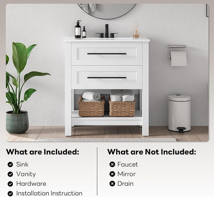LIKIMIO 30" Bathroom Vanity with Sink, 2 Drawers & Open Shelf, White | Freestanding Bathroom Vanity, Integrated Ceramic Sink, U-Shaped Drawers, Modern Bathroom Storage Cabinet, Easy Assembly