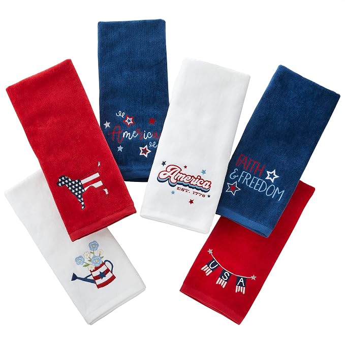 SKL Home Faith & Freedom Hand Towel Set-2pc, 100% Cotton, Embroidered, Navy | Fun for Memorial Day, 4th of July, Labor Day & all patriotic holidays. For use in the bathroom, kitchen or bar.