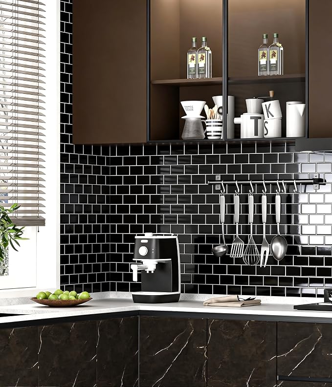 Peel and Stick Backsplash for Kitchen: Self Adhesive Wall Tiles for Bathroom - Vinyl Thick Back Splash Tile (10, Black)
