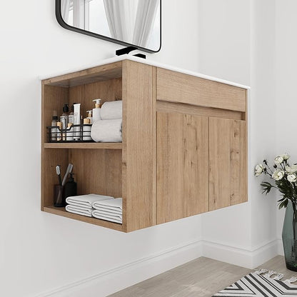 30 in Wall-Mounted Bathroom Vanity with Sink Combo, Modern Floating Bathroom Vanity Set with Ceramic Top Basin and 2 Door&Adjustable Shelf for Small Space, Brown