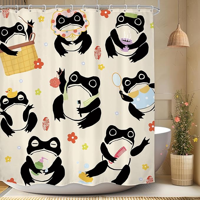 LGhtyro Funny Frog Shower Curtain Bathroom Set 60Wx71H Inches Fun Kids Cartoon Animal Asian Japanese Style Traditional Floral Bath Accessories Hilarious Lovely Art Home Decor Fabric 12 Pack Hooks