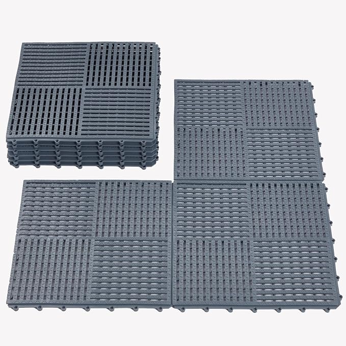 9 Pack Modular Interlocking Tiles Double Non-Slip 12"x12" Dark Gray | 0.4" Thick with Drain Holes for Pool Deck Shower Garage Basement Boat Pet Area Wet Floors Easy Install