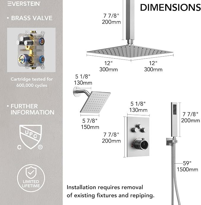 Ceiling Mount 12" High-Pressure Rainfall Shower Faucet, Dual Rainfall Shower Head System with Valve (Brushed Nickel)