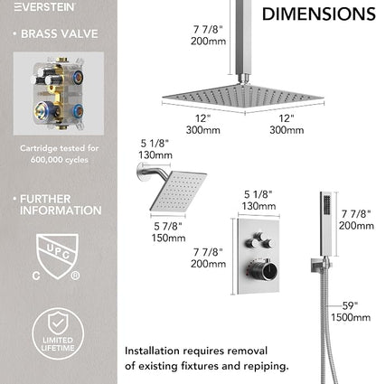 Ceiling Mount 12" High-Pressure Rainfall Shower Faucet, Dual Rainfall Shower Head System with Valve (Brushed Nickel)