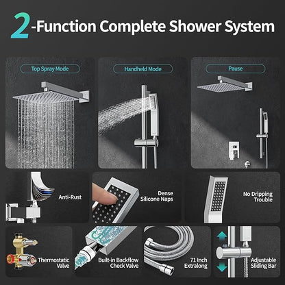 SR SUN RISE 10 Inch Square Shower Faucet, Adjustable 16-Inch Slide Bar Hand Held Shower with Hose, Square Rain Shower Head and Handheld Spray Included Valve and Shower Trim Kit, Polished Chrome