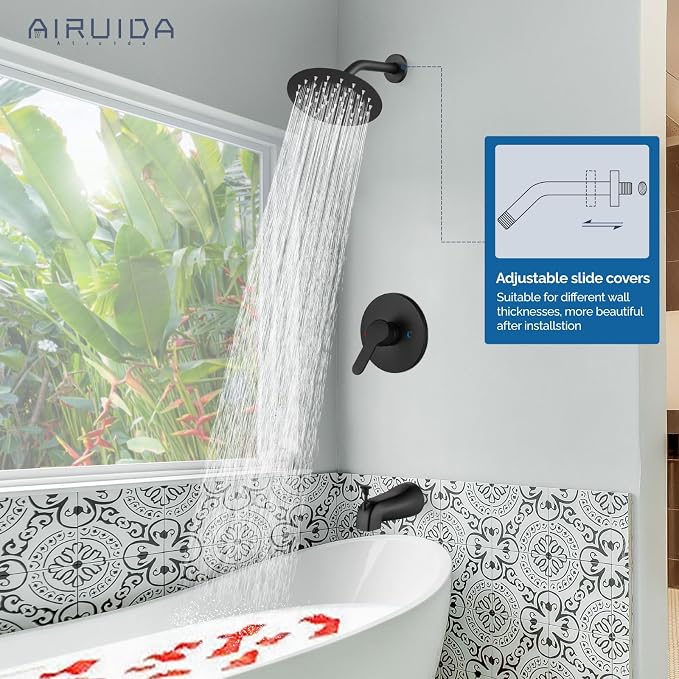 Airuida Shower Faucet Set with Tub Spout,6" Bathtub Faucet-Matte Black | Male Threads Rough-In Valve,Round Head Shower System,Tub and Shower Kit Set