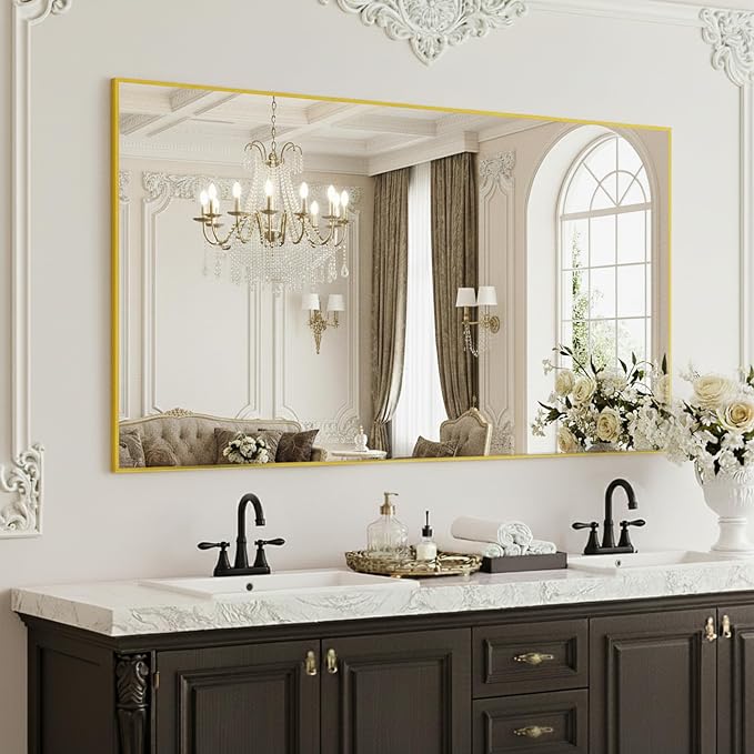 FICTOR Bathroom Vanity Mirror for Over Sink, 30" x 48", Gold | Anti-Rust Frame, Shatterproof Tempered Glass, Vertical/Horizontal Wall Mounted Mirror for Bedroom, Entryway, Living Room