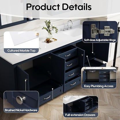 WELLFOR 80" Bathroom Vanity with Double Sinks, Bathroom Freestanding Vanity W/4 Soft-Close Doors and 6 Drawers, Large Storage Space Vanity, Cultured Marble Countertop (Navy Blue)