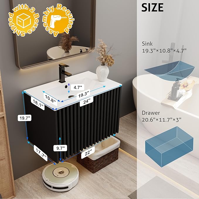 eclife 24" Floating Bathroom Vanity with Sink Combo, Modern Wall Mounted Cabinet with 2 Fluted Drawers, Undermount Sink, Faucet, Drain, Black