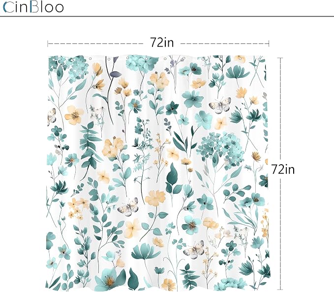 Cute Floral Teal Flower Wildflower Rustic Women Bathroom Shower Curtain Set | 72"W x 72"H Plants Leaves; waterproof HD print, quick-dry fabric and plastic hooks for easy setup.