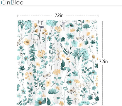 Cute Floral Teal Flower Wildflower Rustic Women Bathroom Shower Curtain Set | 72"W x 72"H Plants Leaves; waterproof HD print, quick-dry fabric and plastic hooks for easy setup.