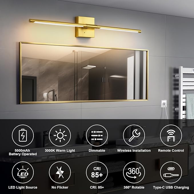 Morauroral Painted Gold Battery Operated Wall Sconce with Remote Control, Rechargeable Wall Sconces Set of 2, LED Wireless Wall Light, Modern Sconce Wall Decor for Bedroom, Living Room