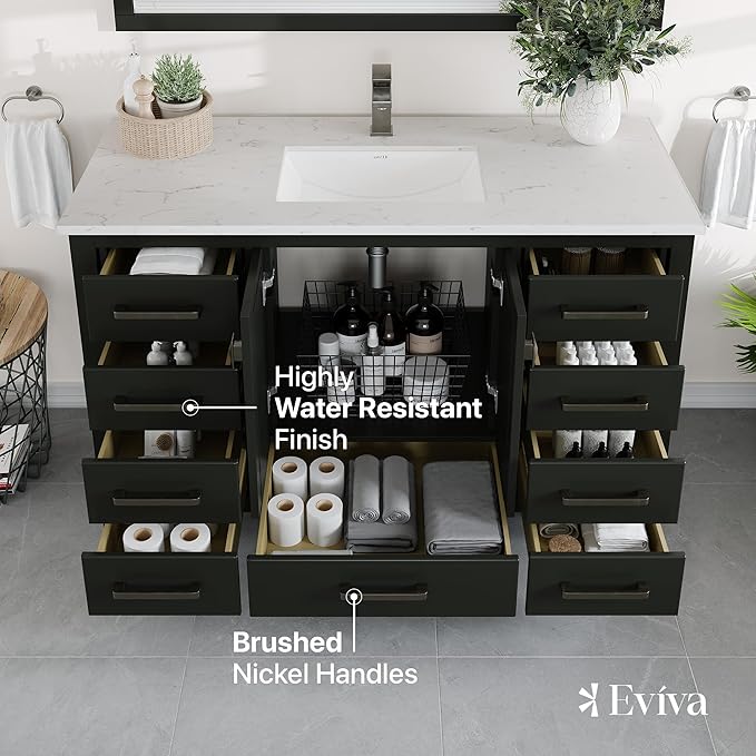 Eviva London 48 x 18 inch Espresso Transitional Bathroom Vanity with White Carrara Quartz Countertop and Undermount Porcelain Sink