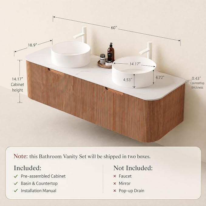 60 Inch Double Sink Bathroom Vanity, Floating Wall Mounted Cabinet, Natural Woodgrain Curved Fluted Front, Stone Top, Dual Pure White Round Vessel Basins, Pre-Assembled