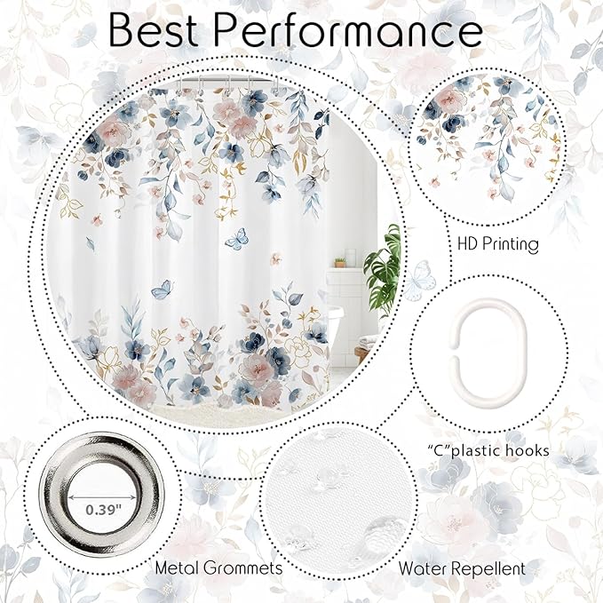 Pink Floral Butterfly Shower Curtain Blue and Gold Flower Design Country Botanical Nature Bathroom Decor with Hooks, 60 x 72 Inch