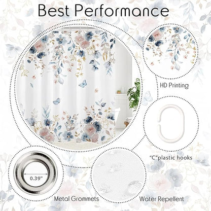 Pink Floral Butterfly Shower Curtain Blue and Gold Flower Design Country Botanical Nature Bathroom Decor with Hooks, 60 x 72 Inch