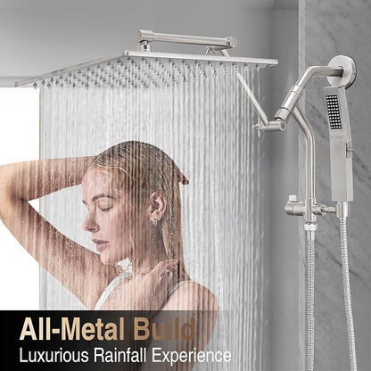 All Metal 12 Inch Rain Shower Head with Handheld Built-in Power Wash Mode, High Pressure Waterfall Rainfall Square Shower Heads with 16" Adjustable Extension Arm, Dual Showerhead(Brushed Nickel)