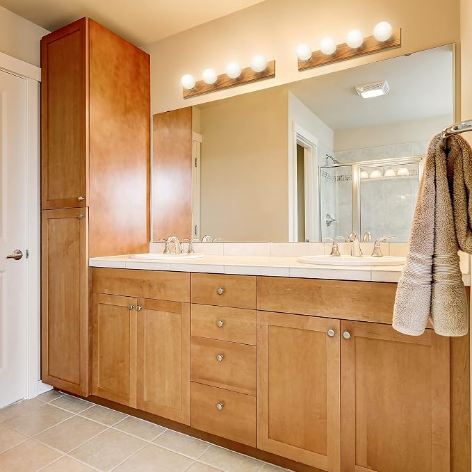 Design House 500207 4-Light Vanity Strip Light Contemporary Dimmable for Bathroom, Bedroom, Makeup Vanity, Honey Oak | Dimmable, Wall Mount, Contemporary/Modern, Wood, Lighting, 500207