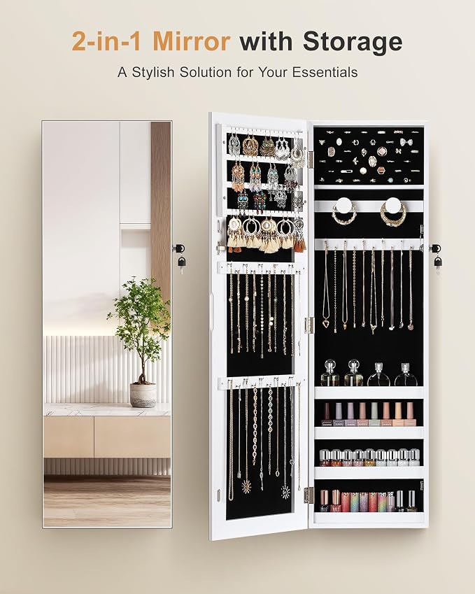Nicetree Jewelry Cabinet Armoire, Hanging Jewelry Organizers and Storage, Lockable Jewelry Cabinet with Full-Length Mirror, Wall or Door Mount Jewelry Mirror Cabinet, Shelves, Polishing Cloth