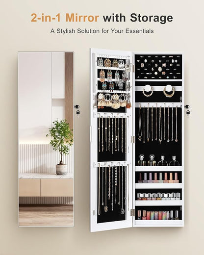 Nicetree Jewelry Cabinet Armoire, Hanging Jewelry Organizers and Storage, Lockable Jewelry Cabinet with Full-Length Mirror, Wall or Door Mount Jewelry Mirror Cabinet, Shelves, Polishing Cloth