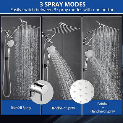 Shower Head, 10'' High Pressure Rainfall/Handheld Shower Combo, Chrome | 9 Settings, Anti-leak Shower Head with 11'' Extension Arm, Holder, Hose, Height/Angle Adjustable Shower, 1.75GPM