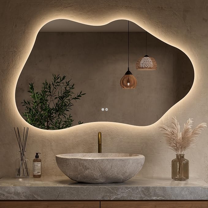 Keonjinn 48 x 30 Inch Irregular Backlit Bathroom Mirror, HD Tempered Glass | Asymmetrical Cloud LED Bathroom Mirror, 3000K/4500K/6000K, Dimmable, Fast & Safe Defog, Memory Function, Plug-in/Hardwired