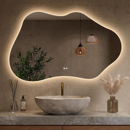 Keonjinn 48 x 30 Inch Irregular Backlit Bathroom Mirror, HD Tempered Glass | Asymmetrical Cloud LED Bathroom Mirror, 3000K/4500K/6000K, Dimmable, Fast & Safe Defog, Memory Function, Plug-in/Hardwired