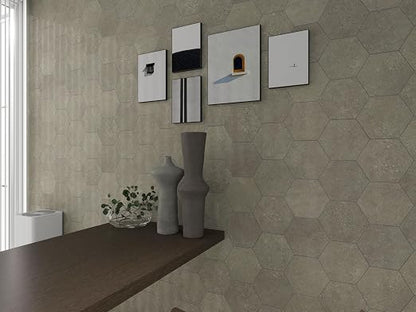 W&S 24-Sheets Brown Grey Hexagon Peel and Stick Floor Tile, Faux Stone Stick on Backsplash for Kitchen, Self Adhesive Waterproof Flooring Tiles for Dining Room, Bedrooms