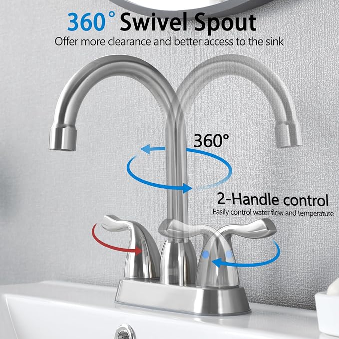 Brushed Nickel Bathroom Sink Faucet, 2 Handle 4 Inch Centerset Bathroom Faucet, 3 Hole Small Bathroom Sink Faucet with Supply Lines and Pop-up Drain, RV faucets for Camper Lavatory Vanity