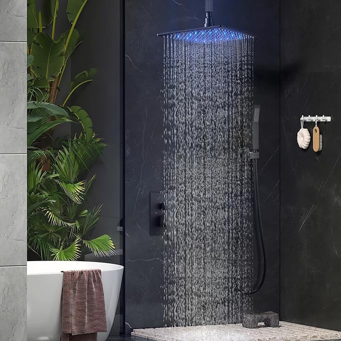 Aolemi Ceiling Shower Faucet Set with Handheld 16" LED Head Matte Black | Handheld Spray,16 Inch Rain LED Head,Shower Valve and Trim Kit,All Metal,Ceiling System,Bathroom Mixer