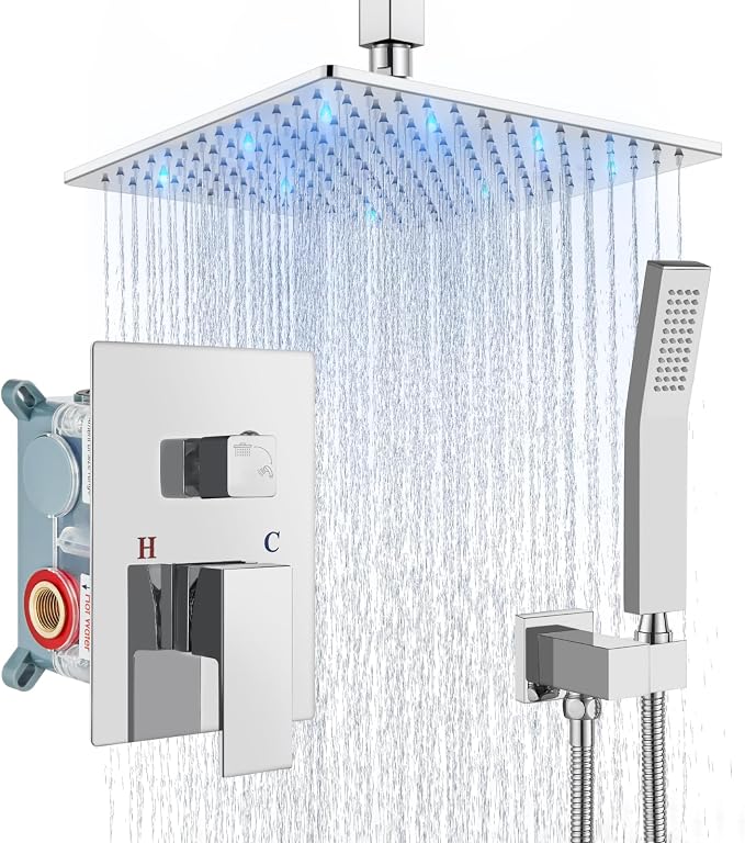 Aolemi Ceiling Shower Faucet Set with Handheld 10" LED Head Polish Chrome | Handheld Spray,10 Inch Rain LED Head,Shower Valve and Trim Kit,All Metal,Ceiling System,Bathroom Mixer
