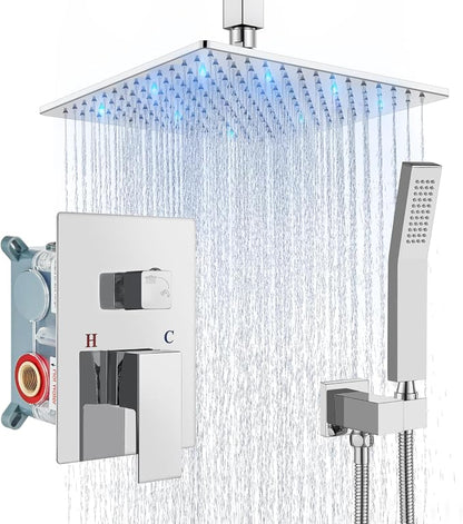 Aolemi Ceiling Shower Faucet Set with Handheld 10" LED Head Polish Chrome | Handheld Spray,10 Inch Rain LED Head,Shower Valve and Trim Kit,All Metal,Ceiling System,Bathroom Mixer