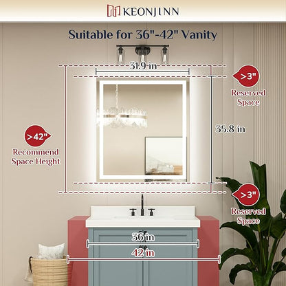 Keonjinn 32 x 36 Inch LED Bathroom Mirror with Frontlit & Backlit, Anti-Fog Mirror with Lights, Stepless Dimming, 3-Color Temperature, HD Tempered Glass Wall Mirror for Modern Bathroom