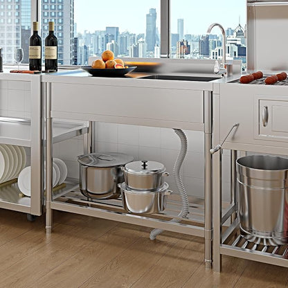 Free Standing Utility Sink, 39" Single Bowl Stainless Steel Commercial Sink with Cold and Hot Water Pipe & Workbench, for Kitchen, Laundry | Free Standing Utility Sink with Cold and Hot Water Pipe & Workbench, for Kitchen, Laundry