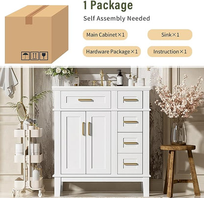 Favfurish 30" Bathroom Vanity with Ceramic Sink, Modern Storage Cabinet with Soft-Close Doors,Deep Drawer & Standard Drawer, Stylish Bath Vanity for Small Bathroom,Easy Assembly,White