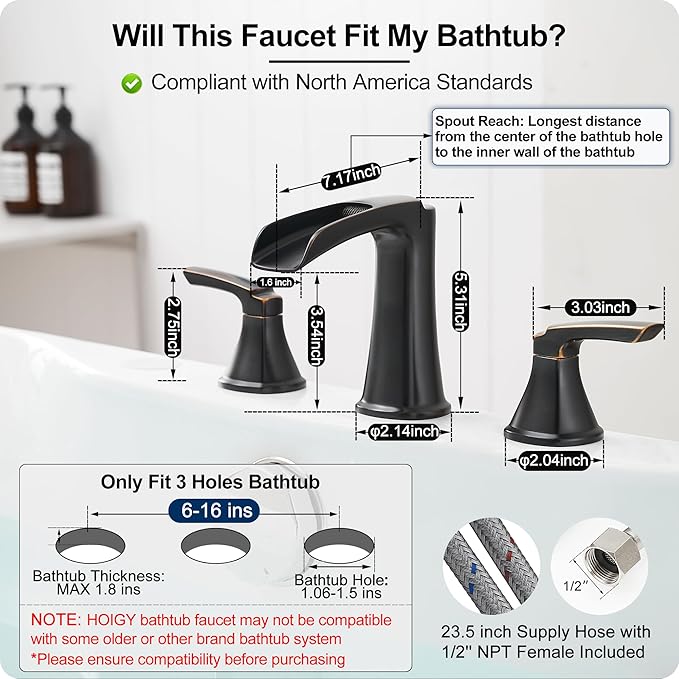 Waterfall Bathtub Faucet Oil Rubbed Bronze, Brass Bath Tub Faucet Set 3 Hole, 8 Inch High Flow Roman Tub Faucet, 2 Handle Deck Mount Bathtub Faucets Widespread with Water Hose for Farmhouse
