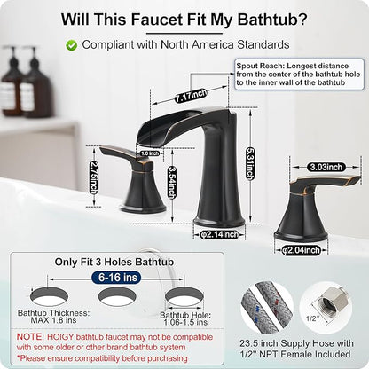 Waterfall Bathtub Faucet Oil Rubbed Bronze, Brass Bath Tub Faucet Set 3 Hole, 8 Inch High Flow Roman Tub Faucet, 2 Handle Deck Mount Bathtub Faucets Widespread with Water Hose for Farmhouse