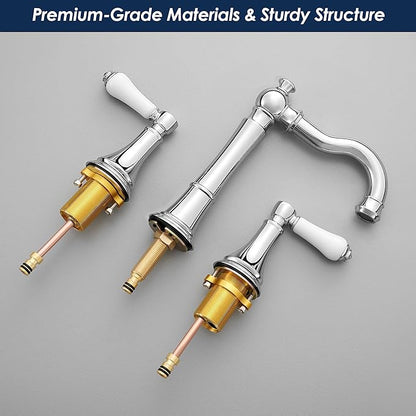 Porcelain 2-Handle Chrome Bathroom Faucets 8 inch Widespread for 3 Holes with Plastic Pop-Up Drain & 2Pcs Water Supply Lines, Classic Chrome Bathroom Vanity Sink Faucet, Brass Swivel Spout
