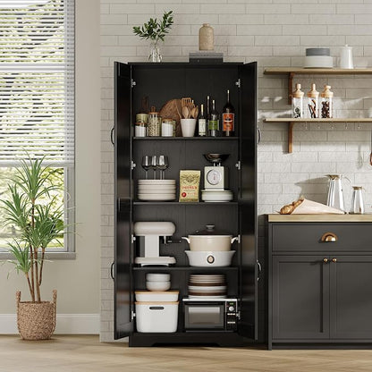 Garvee Tall Pantry Cabinet, 60" Kitchen Storage Cabinet with 2 Doors & Adjustable Shelves, Freestanding Wooden Cupboard for Bathroom，Dining Room, Living Room, Black | Kitchen Storage Cabinet with 2 Doors & Adjustable Shelves, Wooden Cupboard for Bathro...