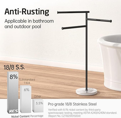 KES Matte Black Towel Racks for Bathroom with Weighted Marble Base, 40 Inch Free Standing Pool Towel Rack Outdoor, 3 Swivel Bars, Premium 18/8 Stainless Steel, BTH219-BK